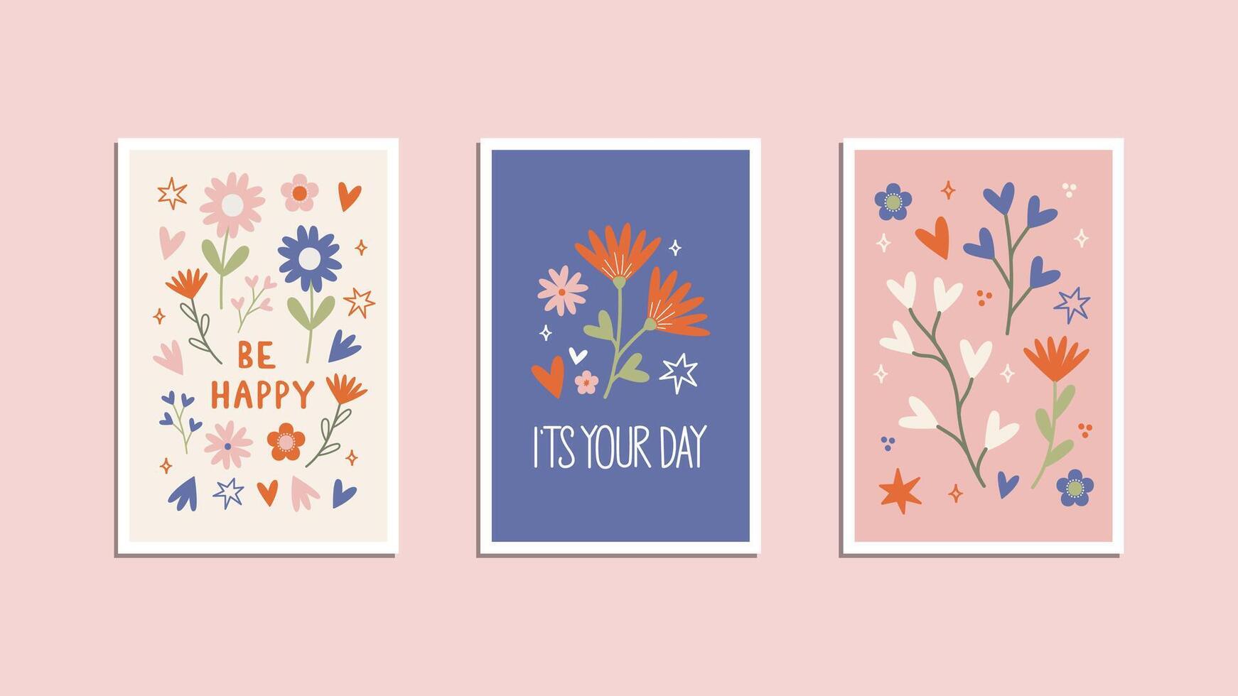 Set of your day greeting cards with floral elements heart shapes vector