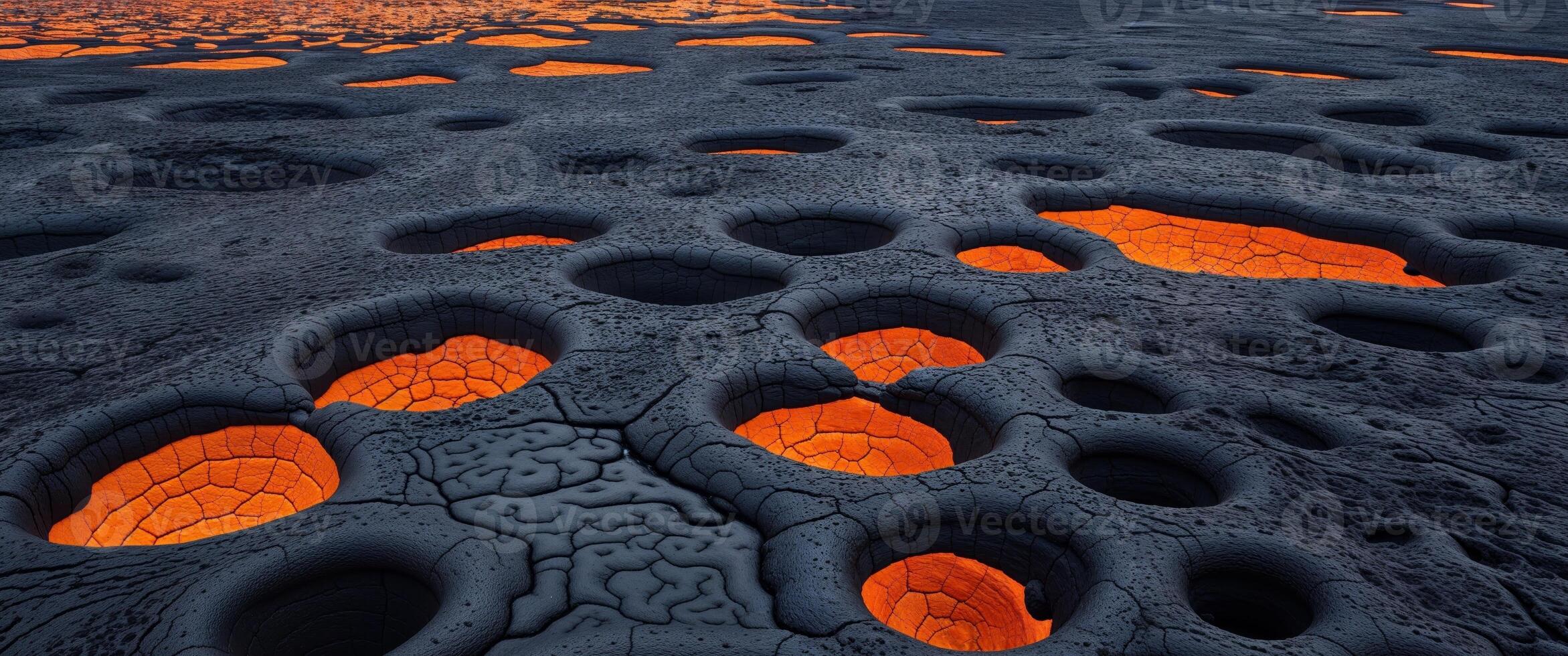 A black and orange lava field with a lot of cracks and holes. photo