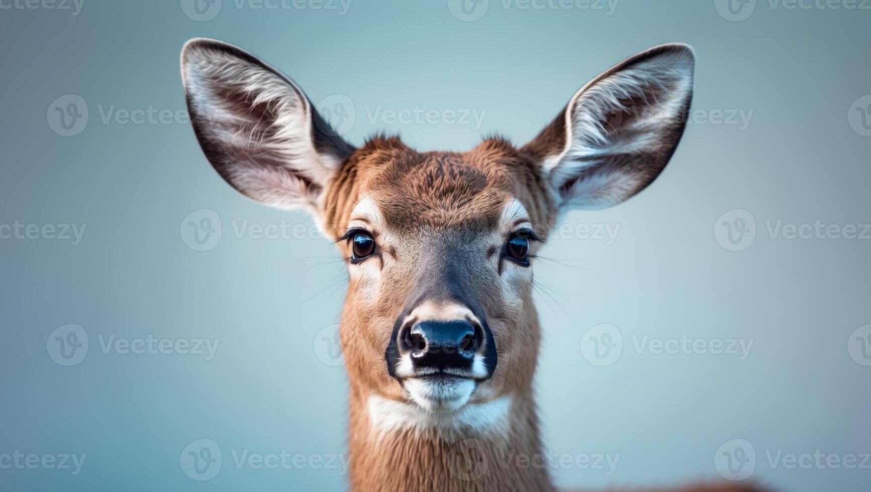 A close up of a deer's face with a blue background. photo