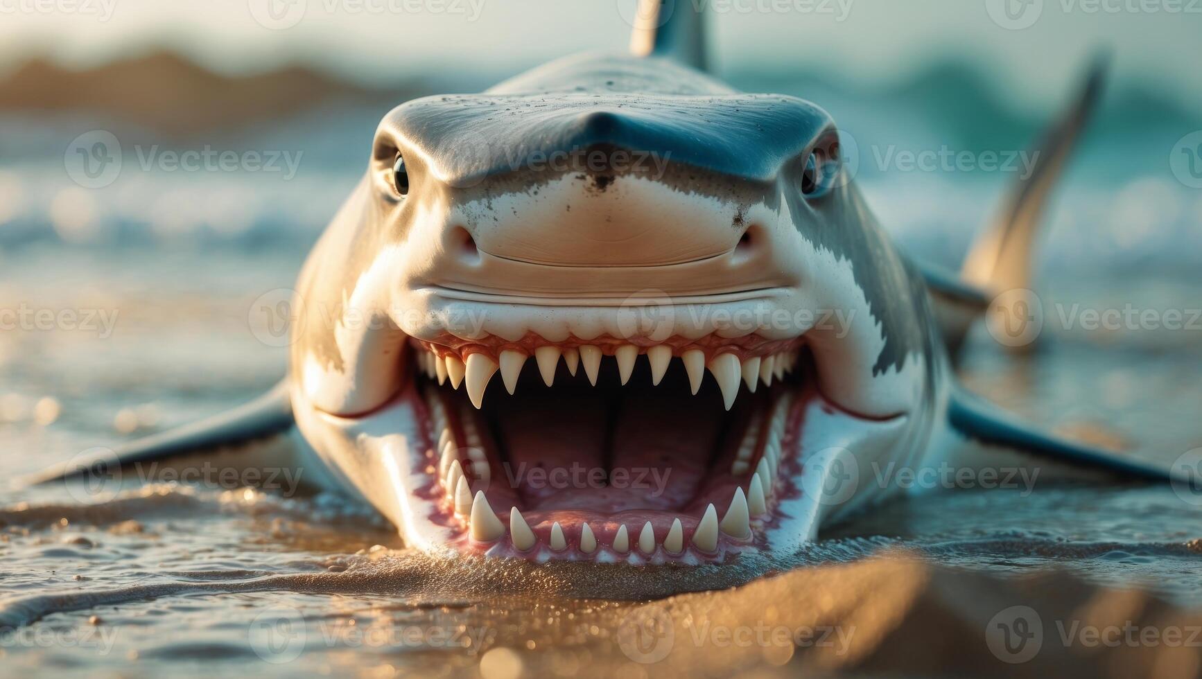 A close up of a shark with its mouth open on the beach. photo