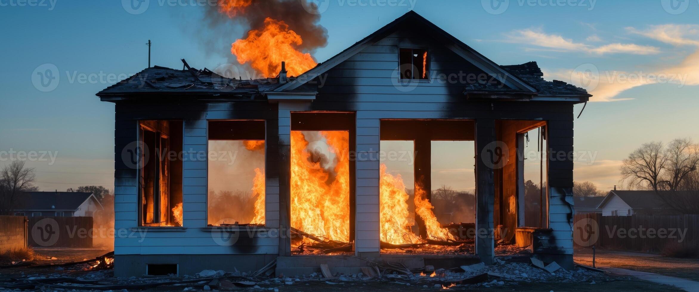 A burned down house with a fire in the background photo