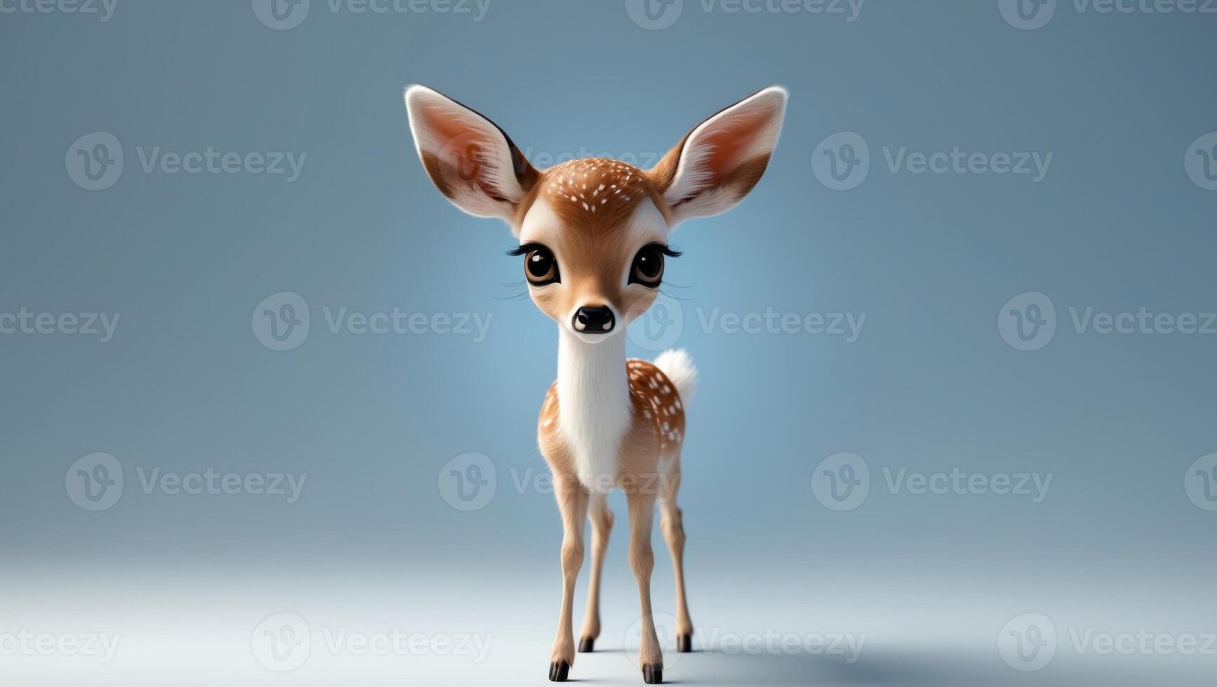 A small fawn standing in front of a blue background photo