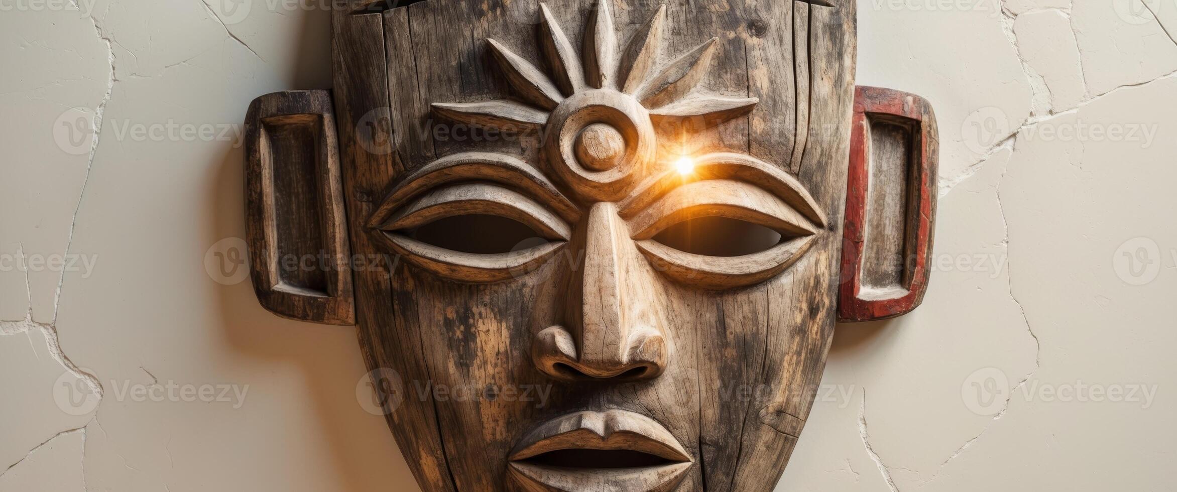 A rustic wooden tribal mask featuring a sun motif with a weathered texture photo
