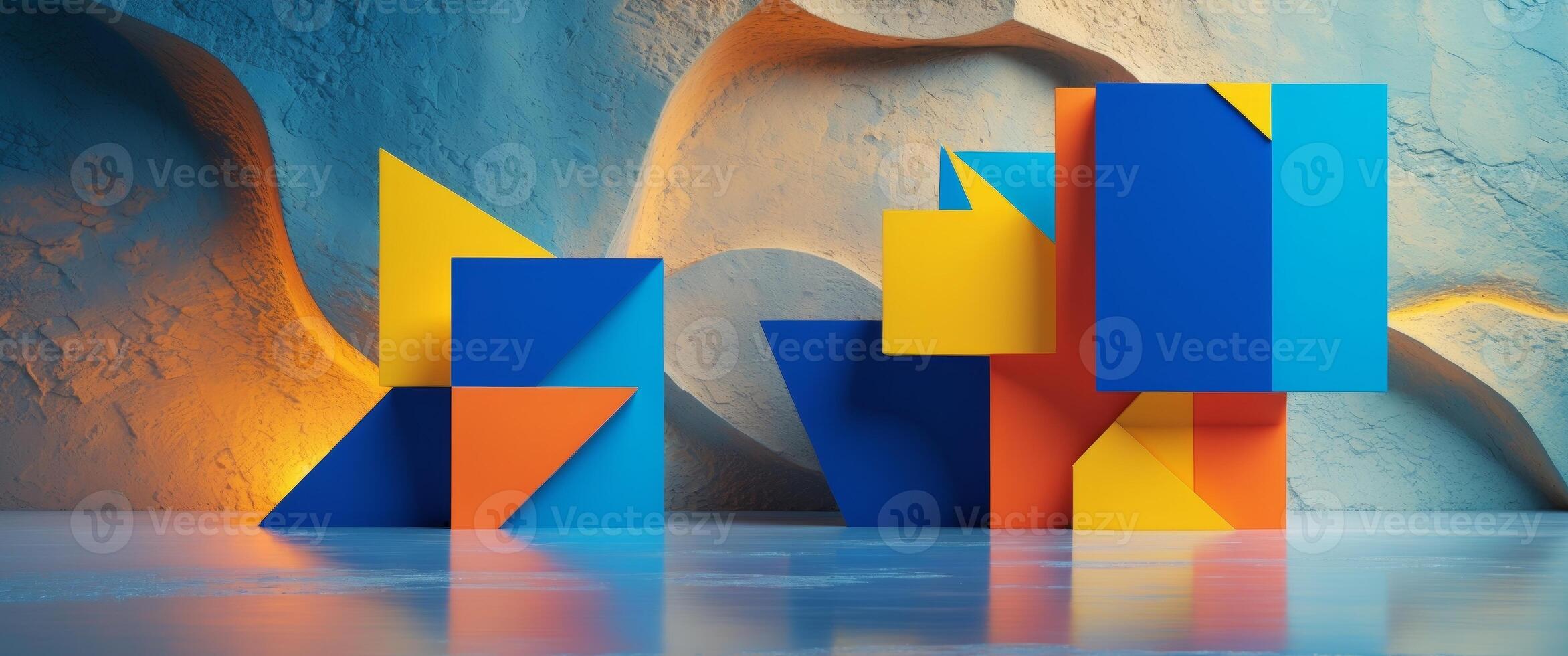 Abstract geometric artwork with bold shapes and vibrant colors on a textured background photo
