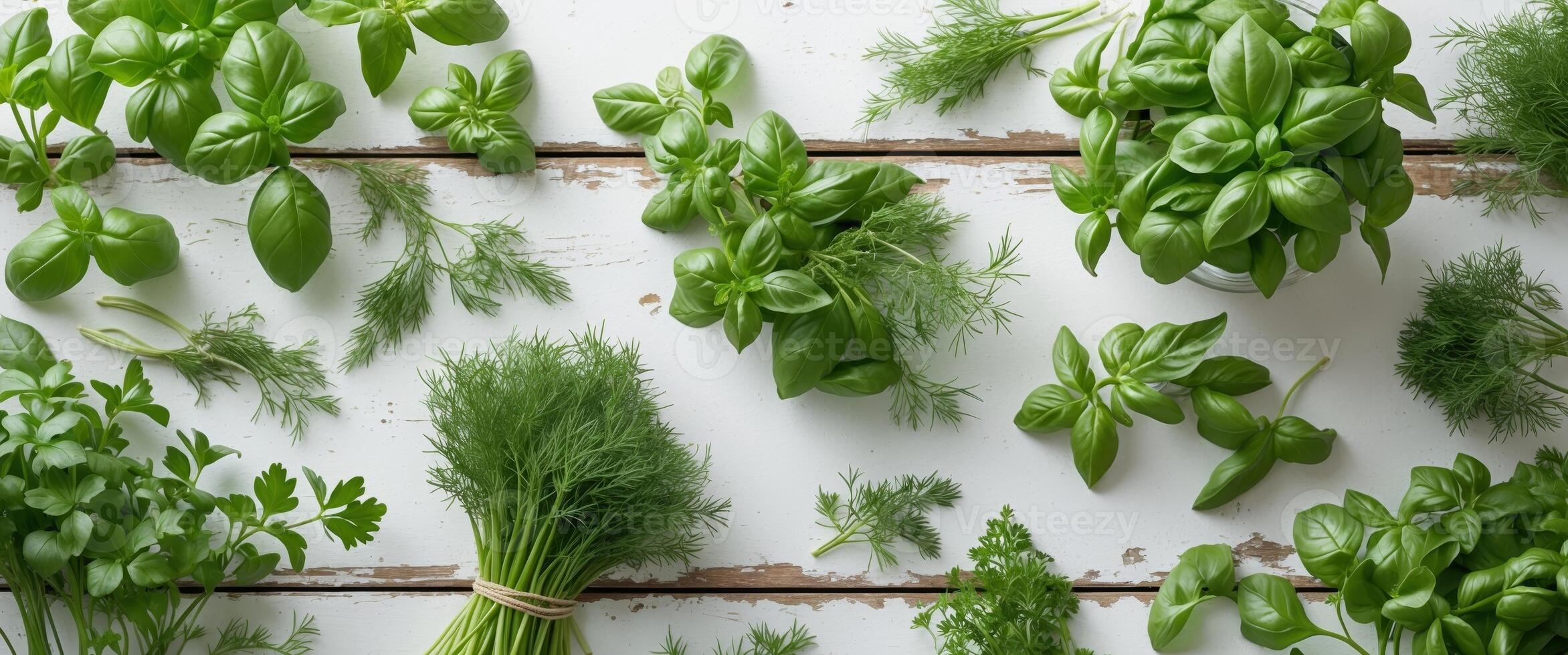 Aerial view of fresh green garden herbs like basil dill and parsley arranged on a rustic wooden table with ample space for text at the bottom. photo