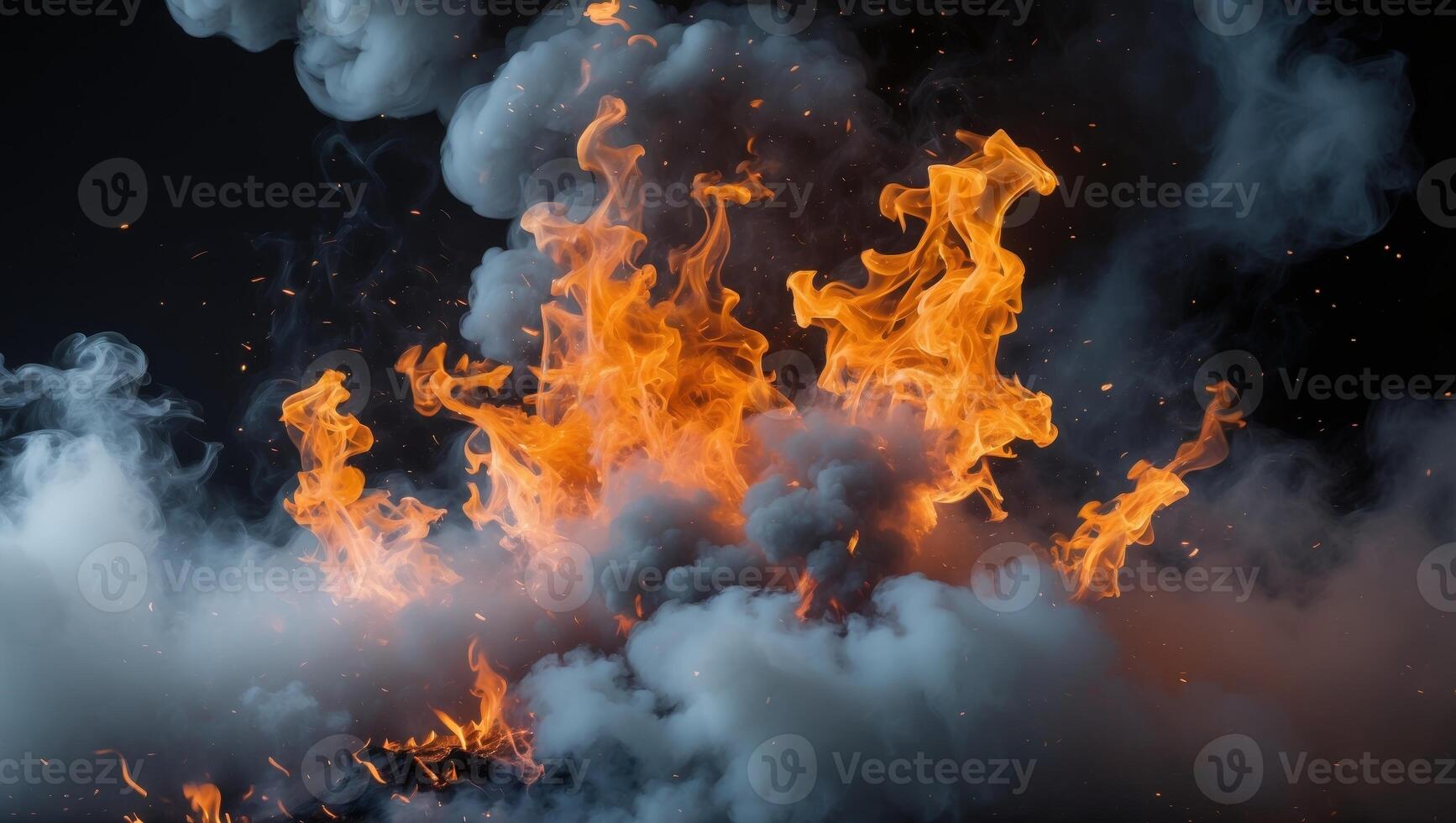 Burning fire creating a layer of smoke on dark background. photo