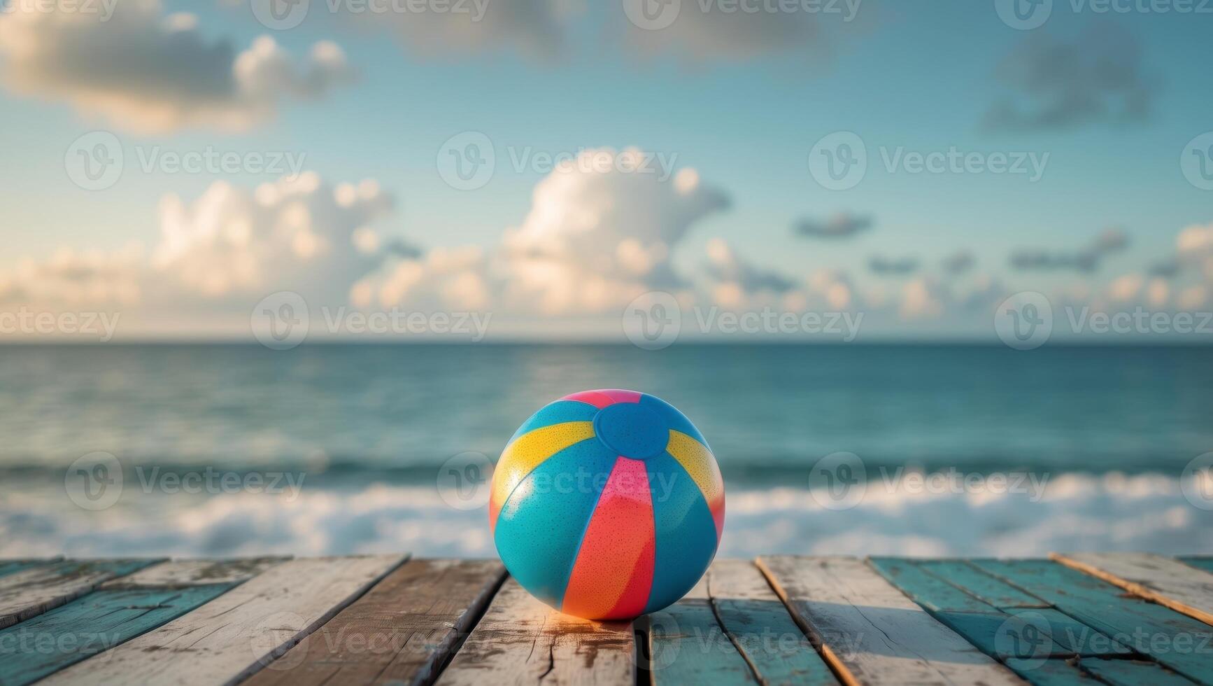 Close up view of a vibrant multicolored beach ball resting on a weathered wooden deck with the tranquil panoramic ocean landscape stretching out in the background under a partly cloudy sky. photo