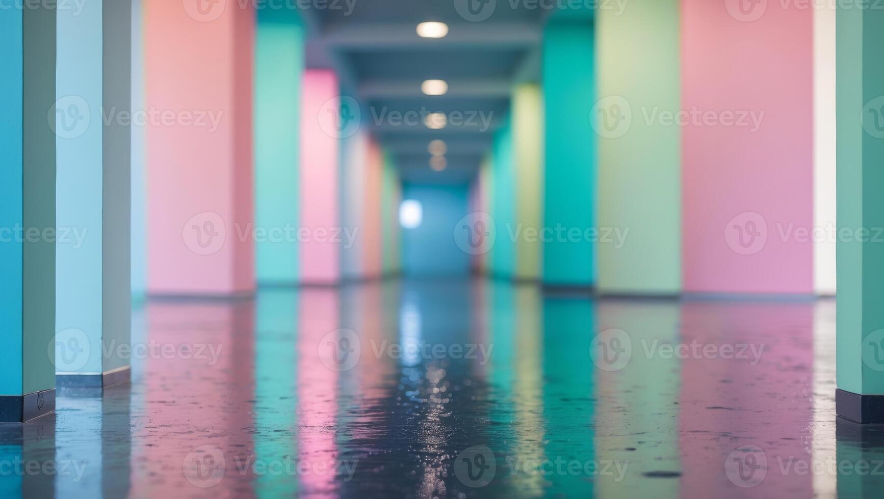 Colorful Hallway with Reflection on Wet Floor. photo