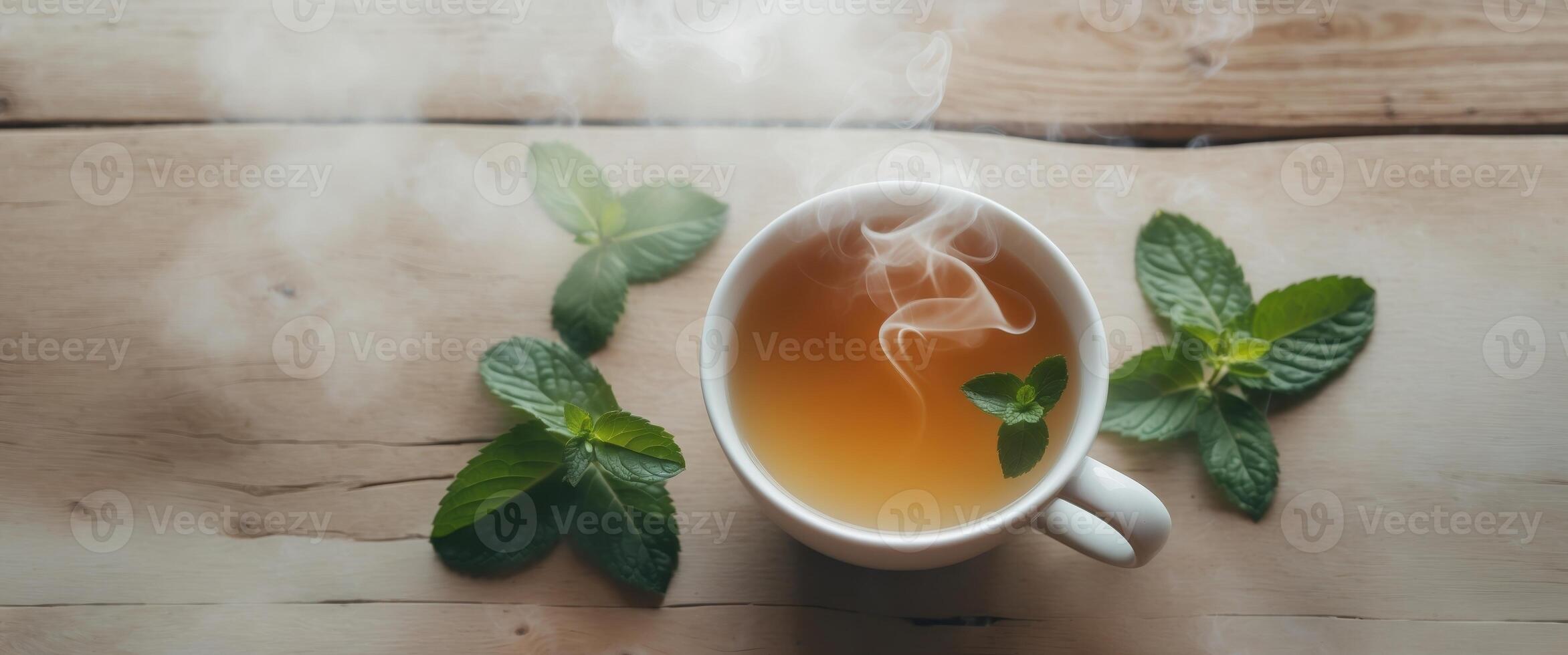 Comforting hot mint tea steaming in a cozy setting with fresh mint leaves on a wooden table. photo