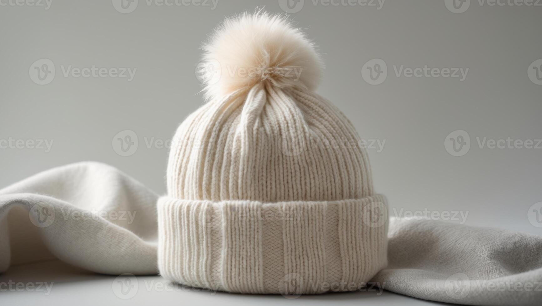 Cozy Cream Knit Beanie with Pom Pom Winter Hat. photo
