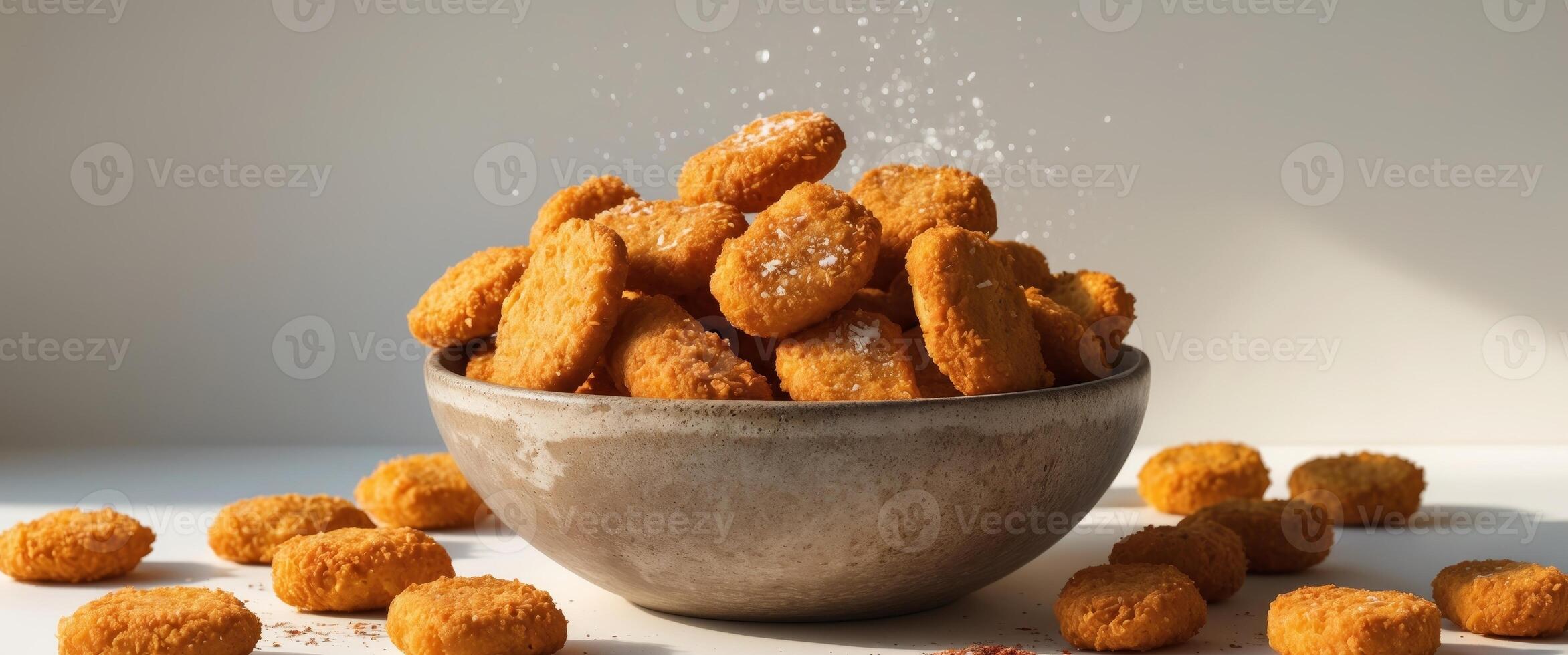 Crispy breaded chicken nuggets served in a rustic bowl garnished with salt and spices for a delicious fast food treat photo