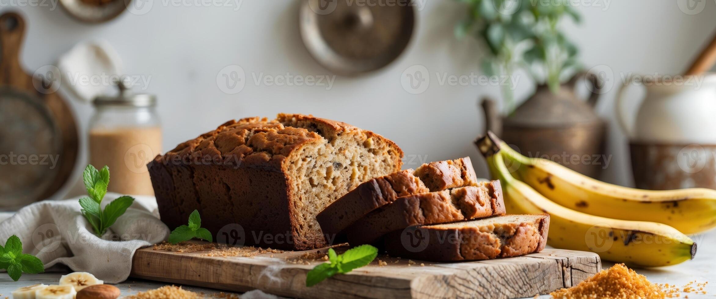 Deliciously Baked Banana Bread with Sliced Bananas on Wooden Board Surrounded by Fresh Ingredients and Rustic Kitchen Decor photo