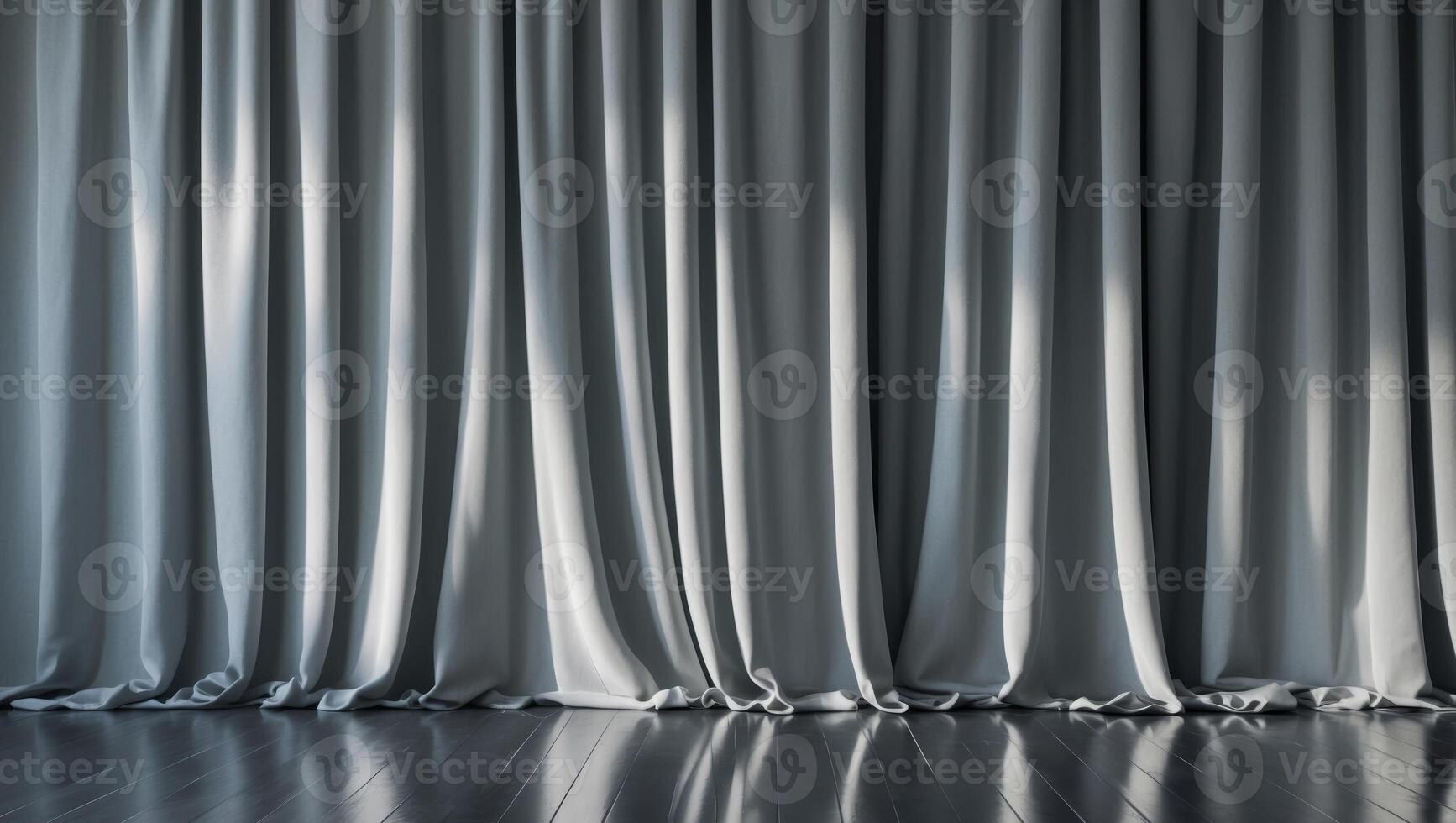 Dramatic grey fabric drapes and light reflecting on the polished floor in modern room. photo