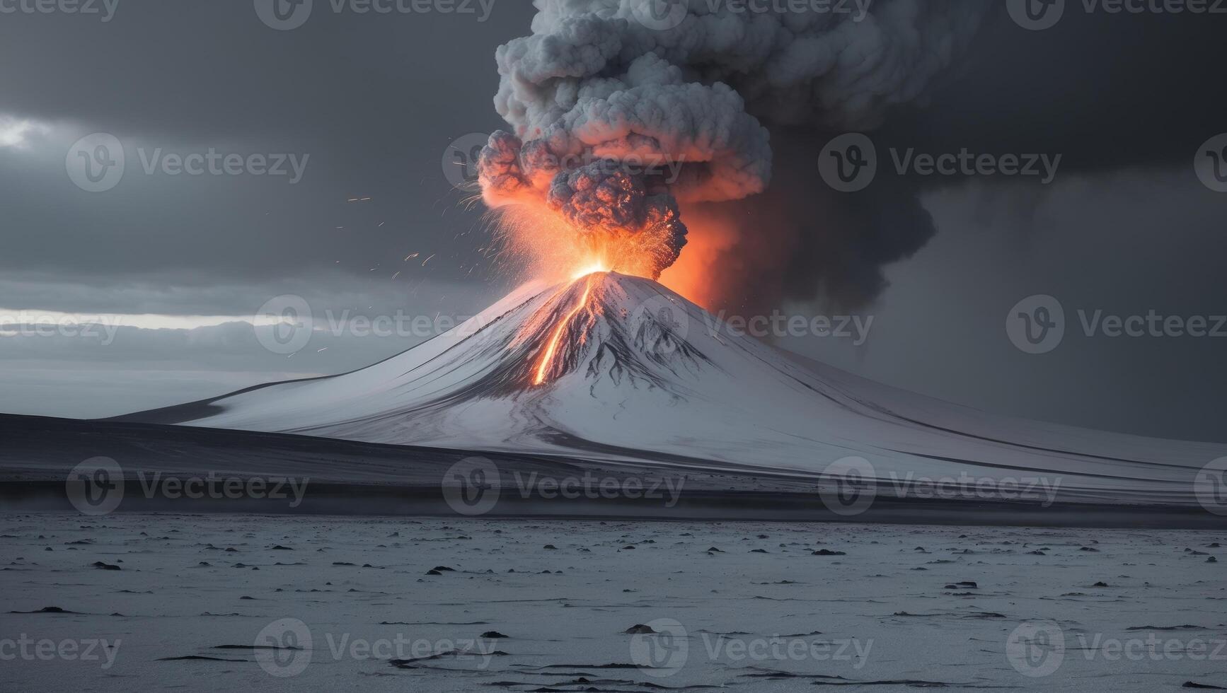 Explosive Eruption of a Volcano on a Desolate Landscape photo