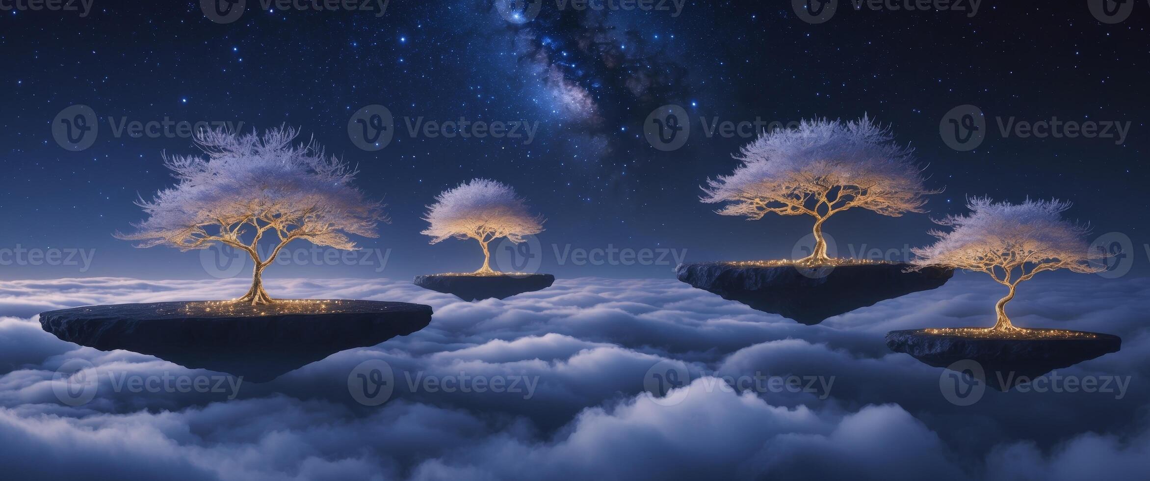 Floating islands with glowing trees in a starry night sky photo