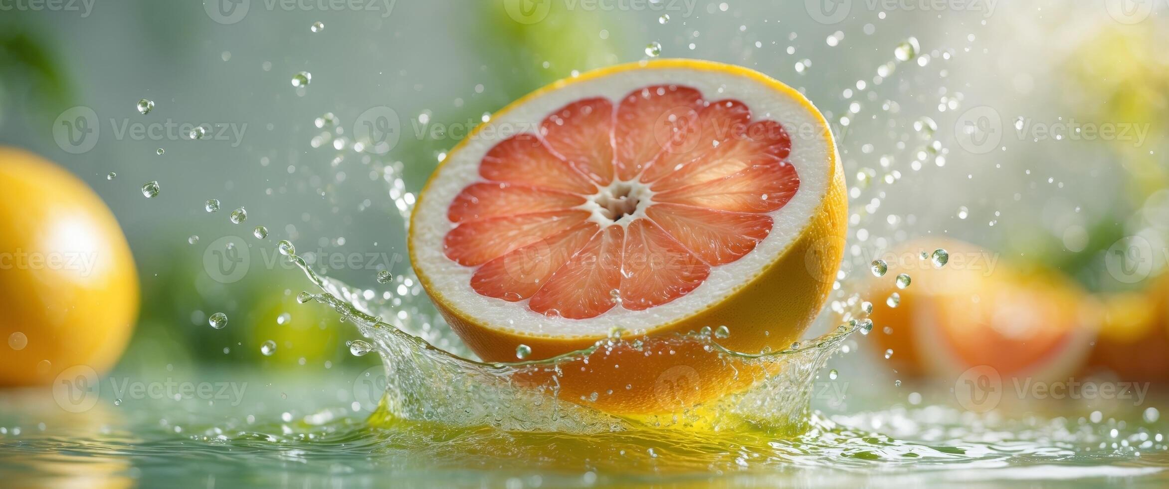 Fresh grapefruit slice splashing into juice with vibrant background highlighting freshness and zest of citrus fruits in beautiful light. photo