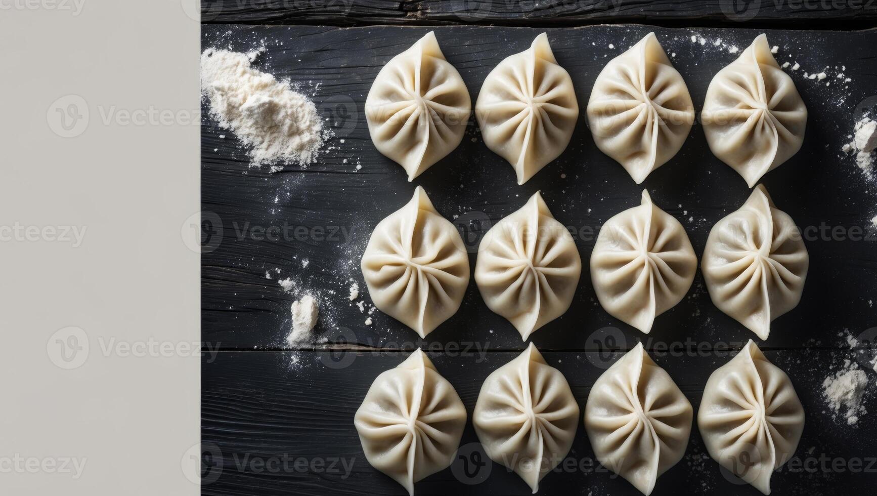 Frozen dumplings arranged neatly on a dark textured surface with flour scattered in the background empty space on the left for text or design photo