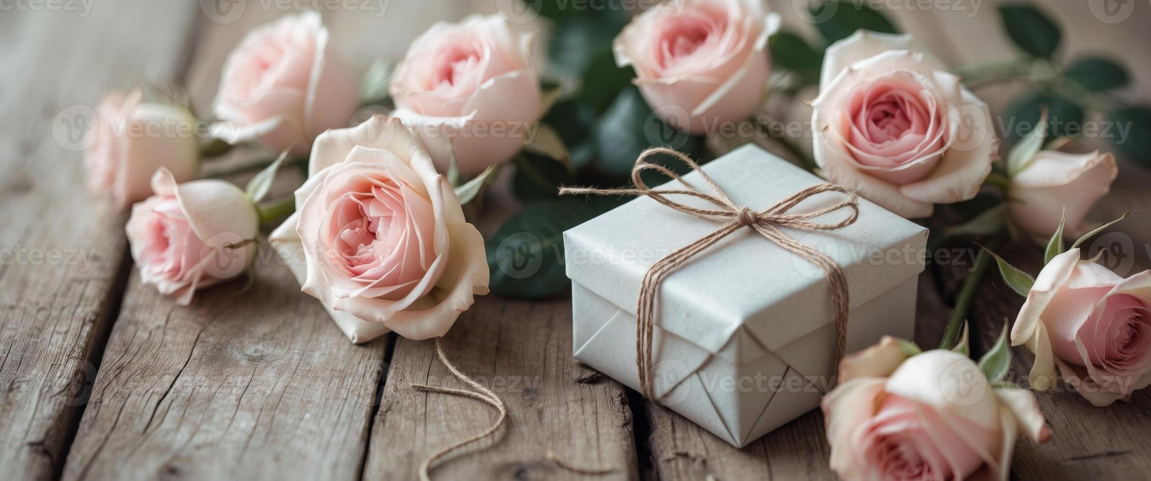 Gift box wrapped in twine surrounded by pink roses on a rustic brown wooden background creating a warm and inviting atmosphere photo