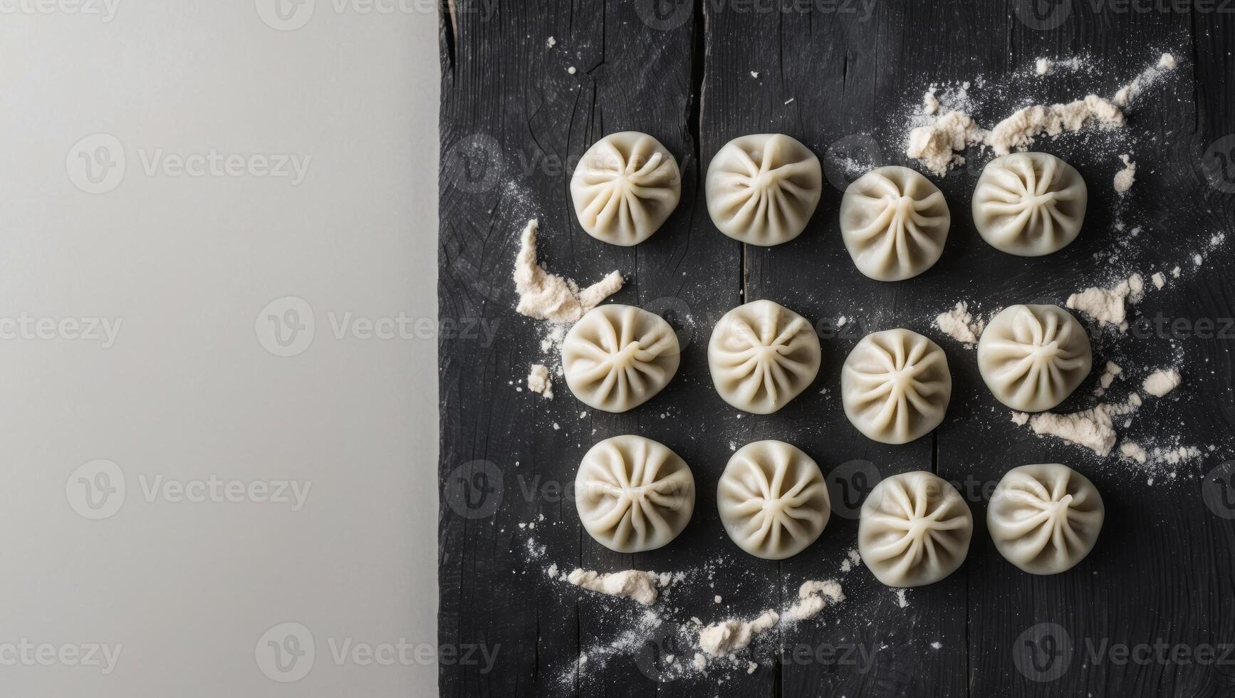 Frozen dumplings arranged neatly on a dark textured surface with flour scattered in the background empty space on the left for text or design. photo