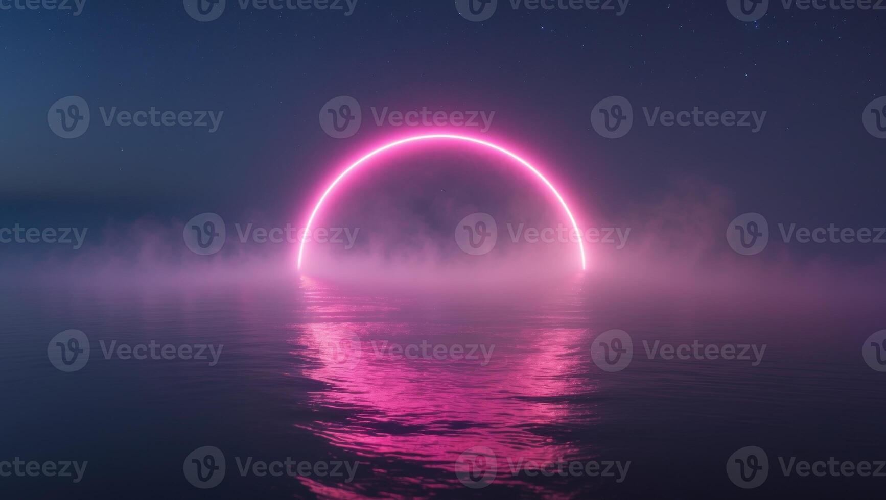 Glowing Pink Arc Emerges From the Mist Over Calm Waters During Nighttime. photo