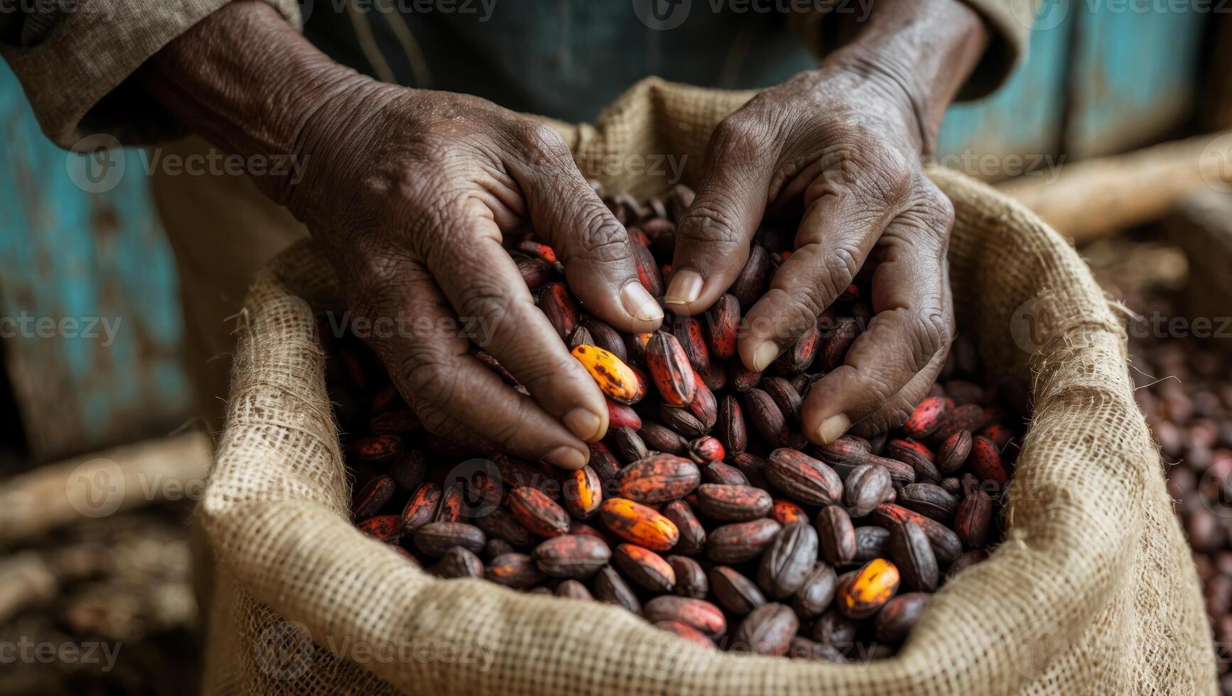 Hands hold a burlap sack filled with harvested cocoa beans ready for processing in a rustic setting. photo