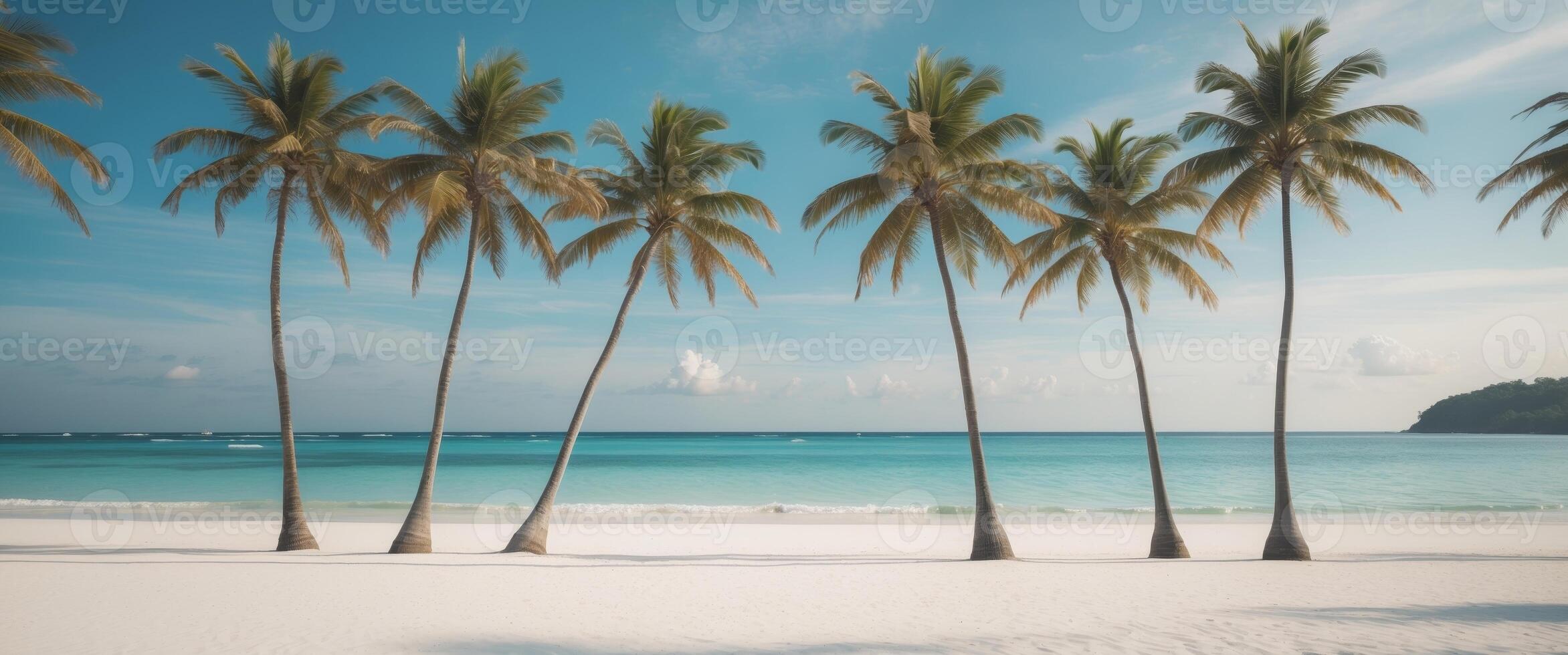 Idyllic Tropical Beach Scene Ten Palm Trees on Pristine White Sand and Calm Ocean. photo