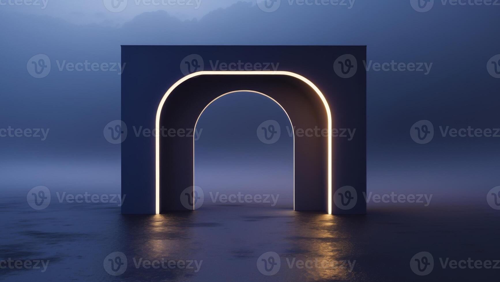 Modern Illuminated Archway in Dark Setting Creates a Mystical Atmosphere for Contemplation. photo