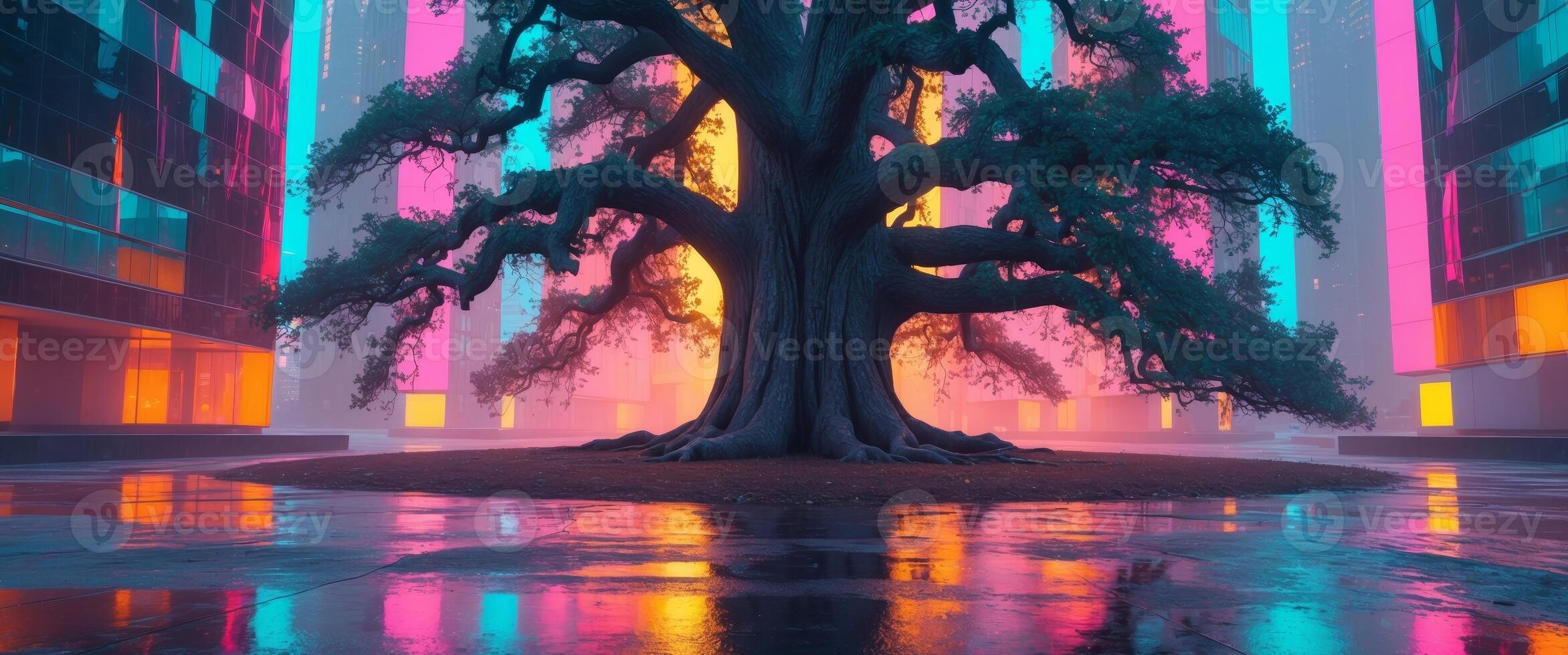 Massive tree integrated into a futuristic cityscape with glowing buildings. photo