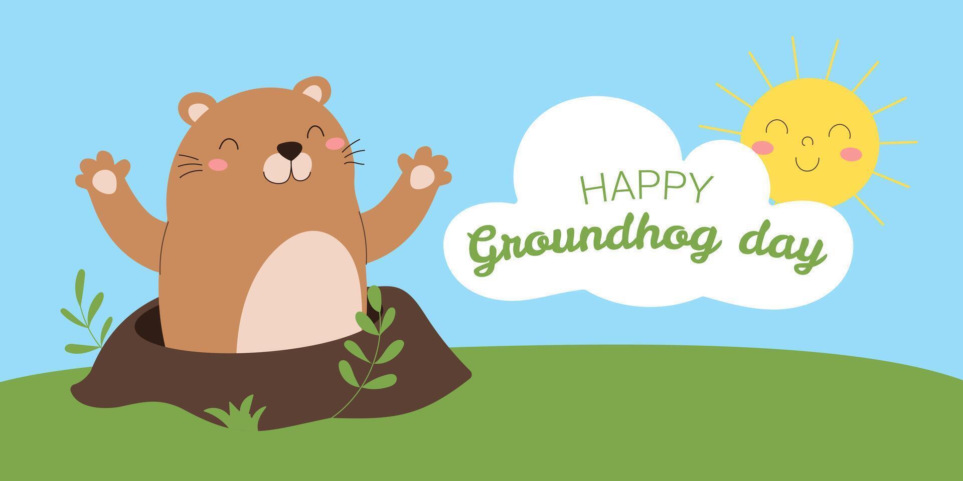 A cartoon of a groundhog with a smile on its face. The groundhog is in a hole and the sun is shining on it. The background is a green field vector