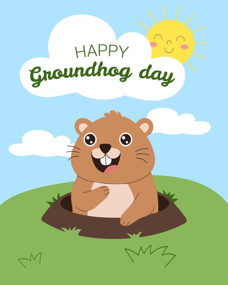 A cartoon of a groundhog with a smile on his face. The text reads Happy Groundhog Day vector