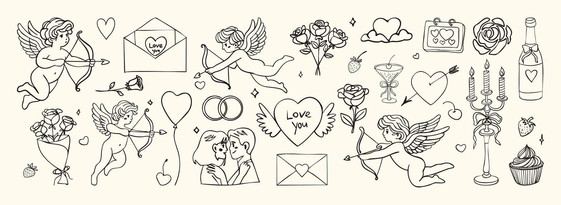 A collection of drawings of angels, hearts, and other symbols of love. Scene is romantic and whimsical vector
