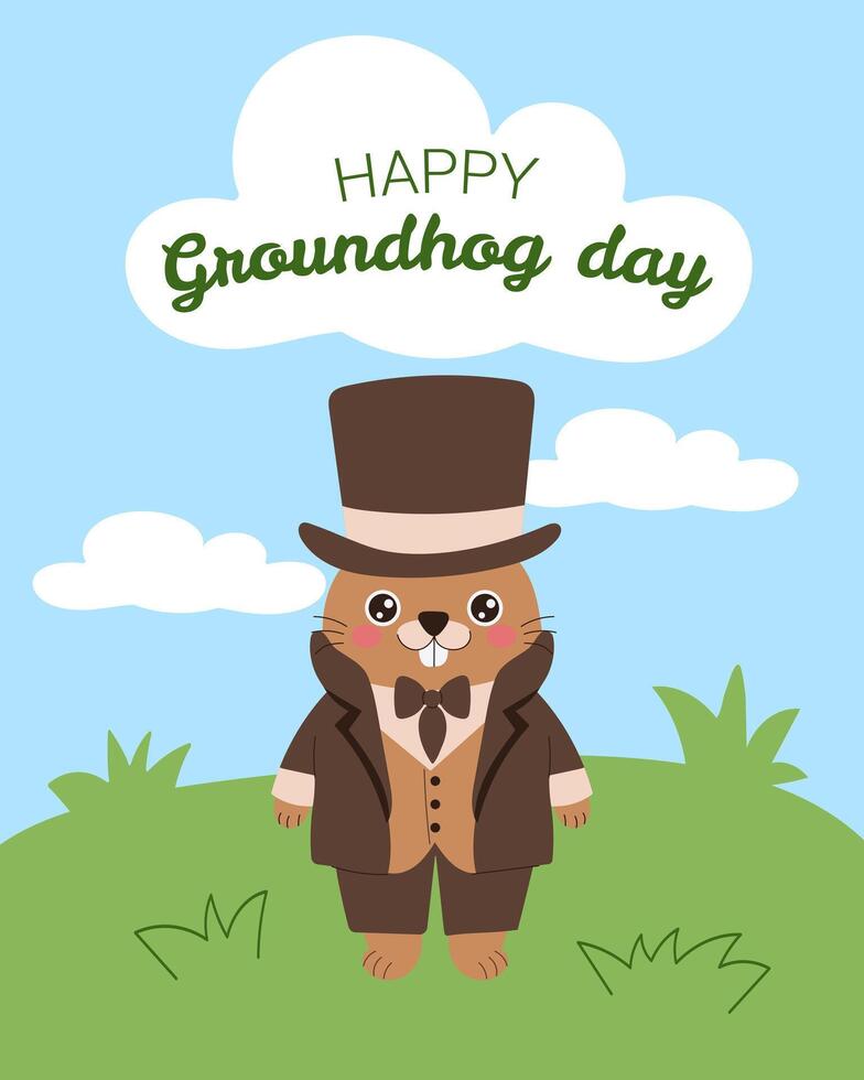 A cartoon of a groundhog wearing a top hat and bow tie. The groundhog is standing in a field with a blue sky in the background. The image is titled Happy Groundhog Day vector