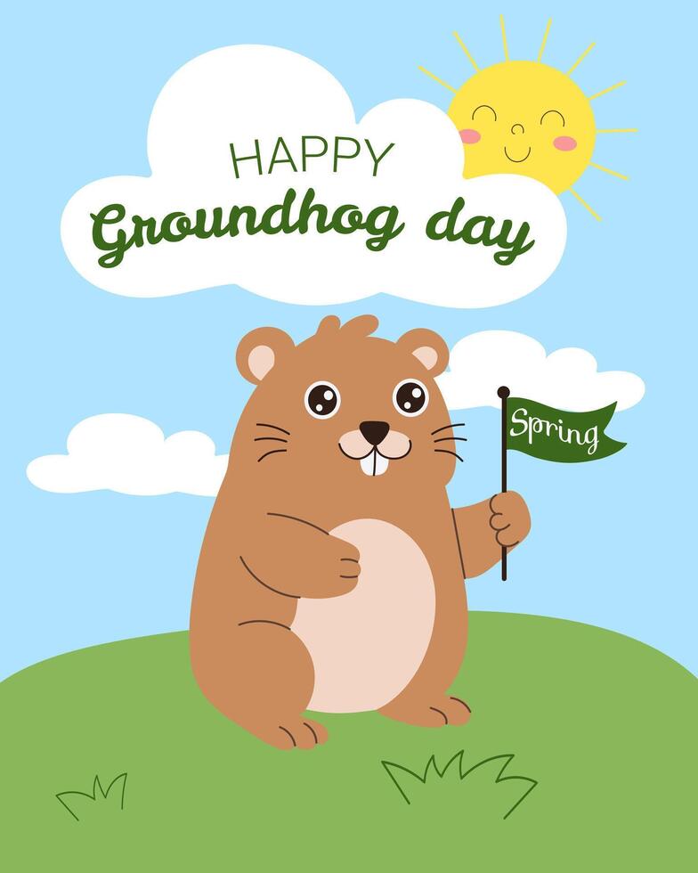 A cartoon of a groundhog holding a green flag and smiling. The image is titled Happy Groundhog Day vector
