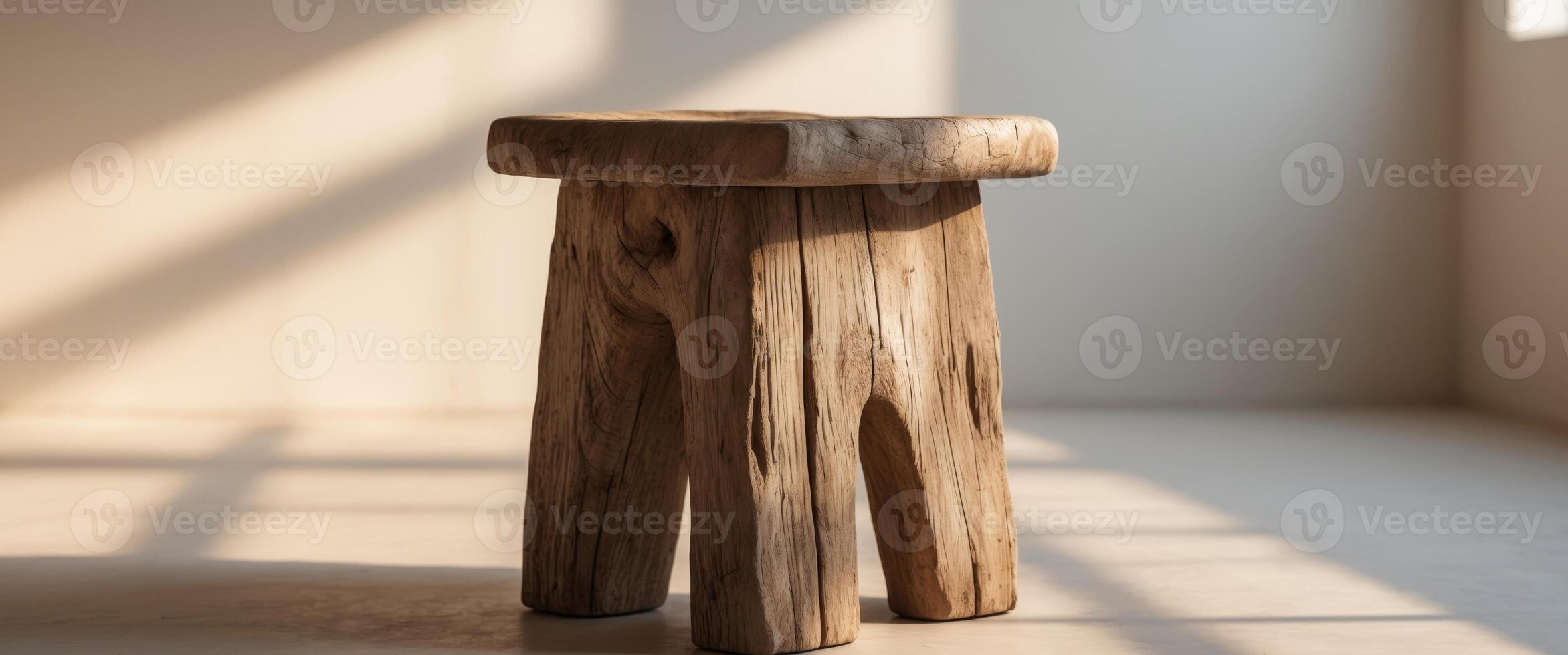 Rustic wooden stool in natural light with textured shadows indoors. photo