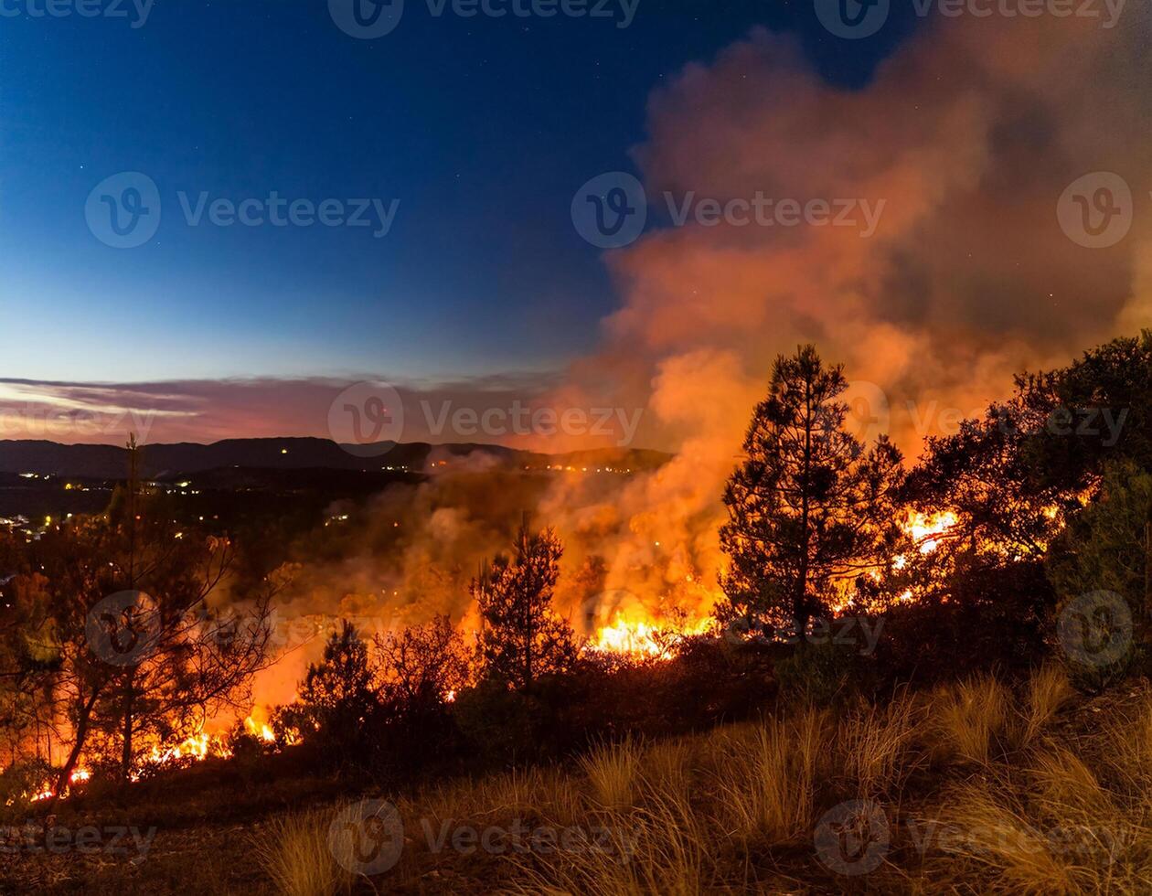 Fierce Forest Fire Creating a Fiery Glow Against the Night photo
