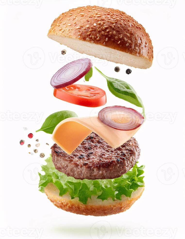 Delicious Burger with Floating Ingredients on White Background photo
