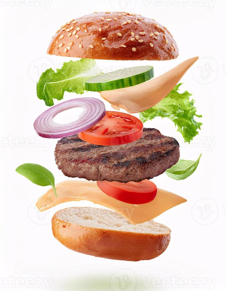 Tasty Burger with Levitation of Fresh Ingredients Isolated on White photo