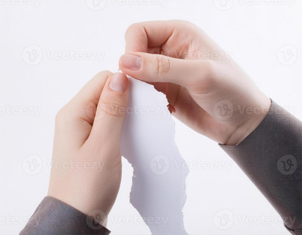 Ripping Paper Document with Hands Isolated on Clean White Surface photo