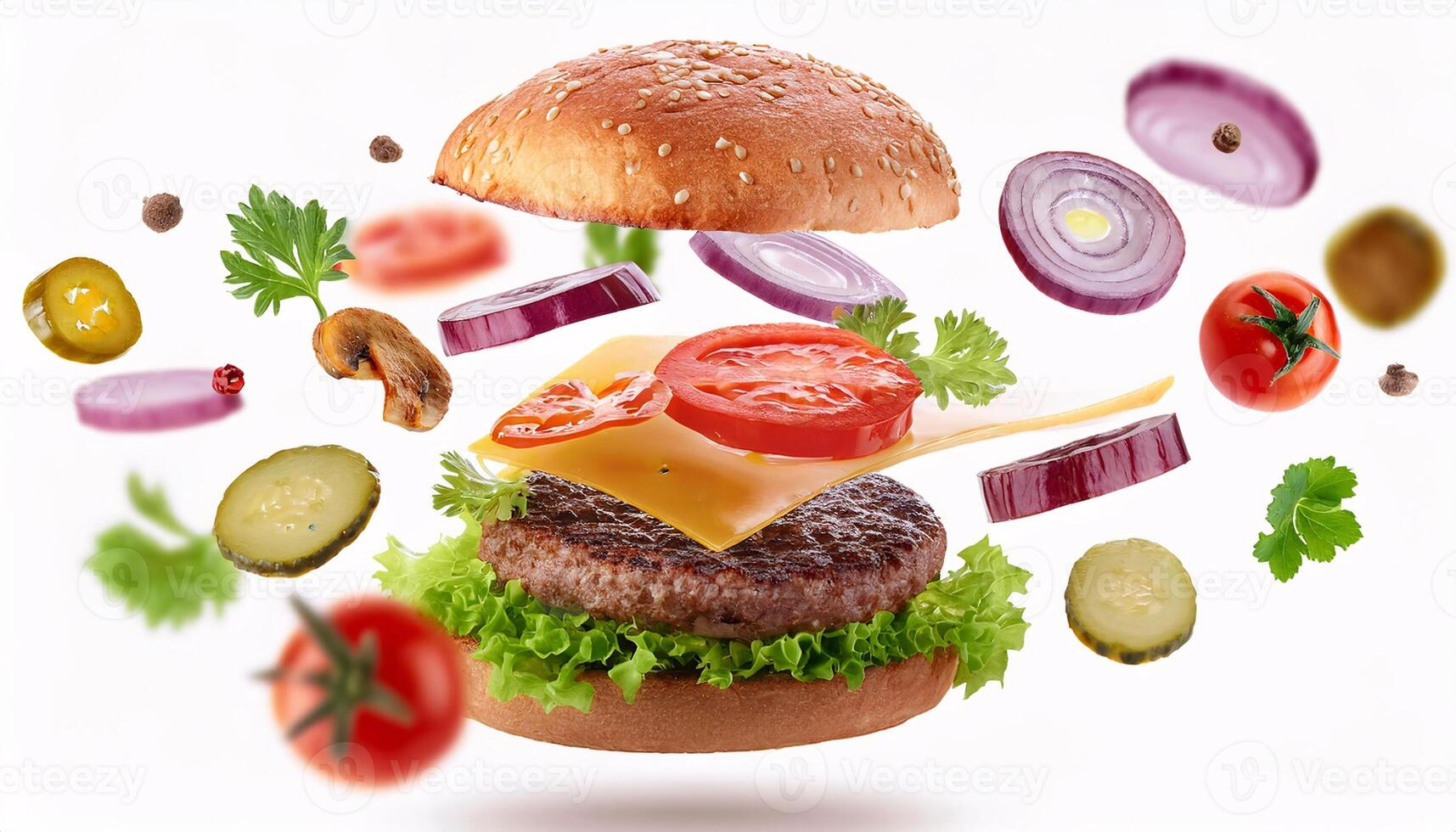 Burger with Floating Ingredients for a Fresh and Flavorful Look photo