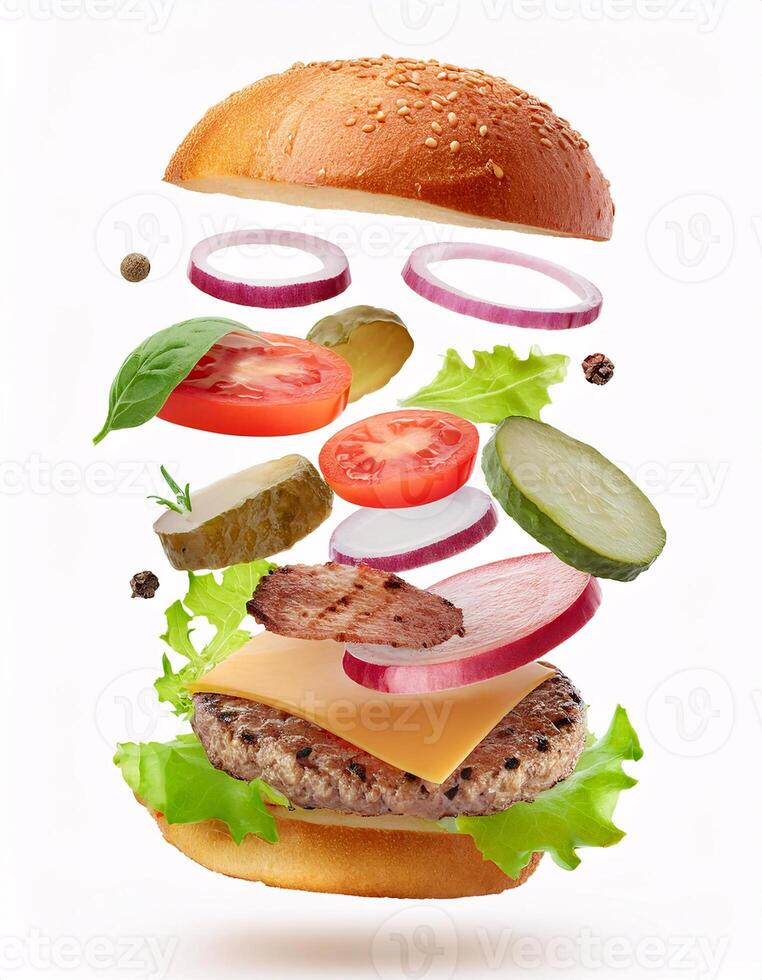 Deconstructed Burger with Ingredients Hovering Above, Isolated on White photo
