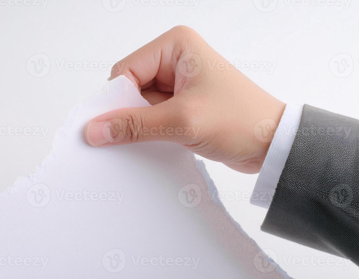 Hands Tearing Document Sheet on Plain White Backdrop photo