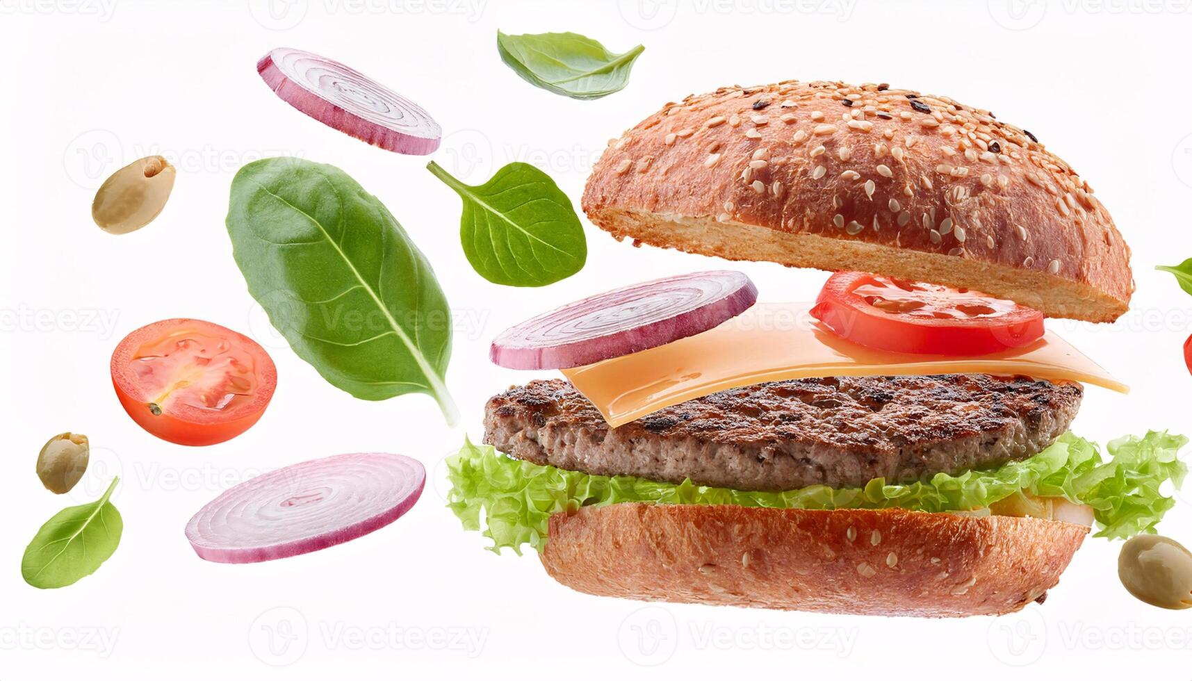 Fresh Burger Ingredients Floating Above Bun, Isolated on White photo