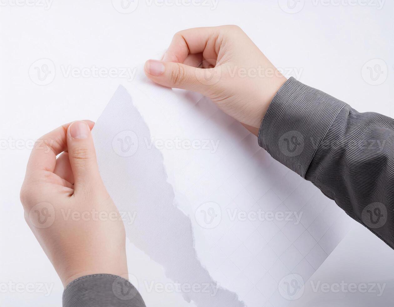 Paper Document Being Torn Apart by Hands, Isolated on White photo