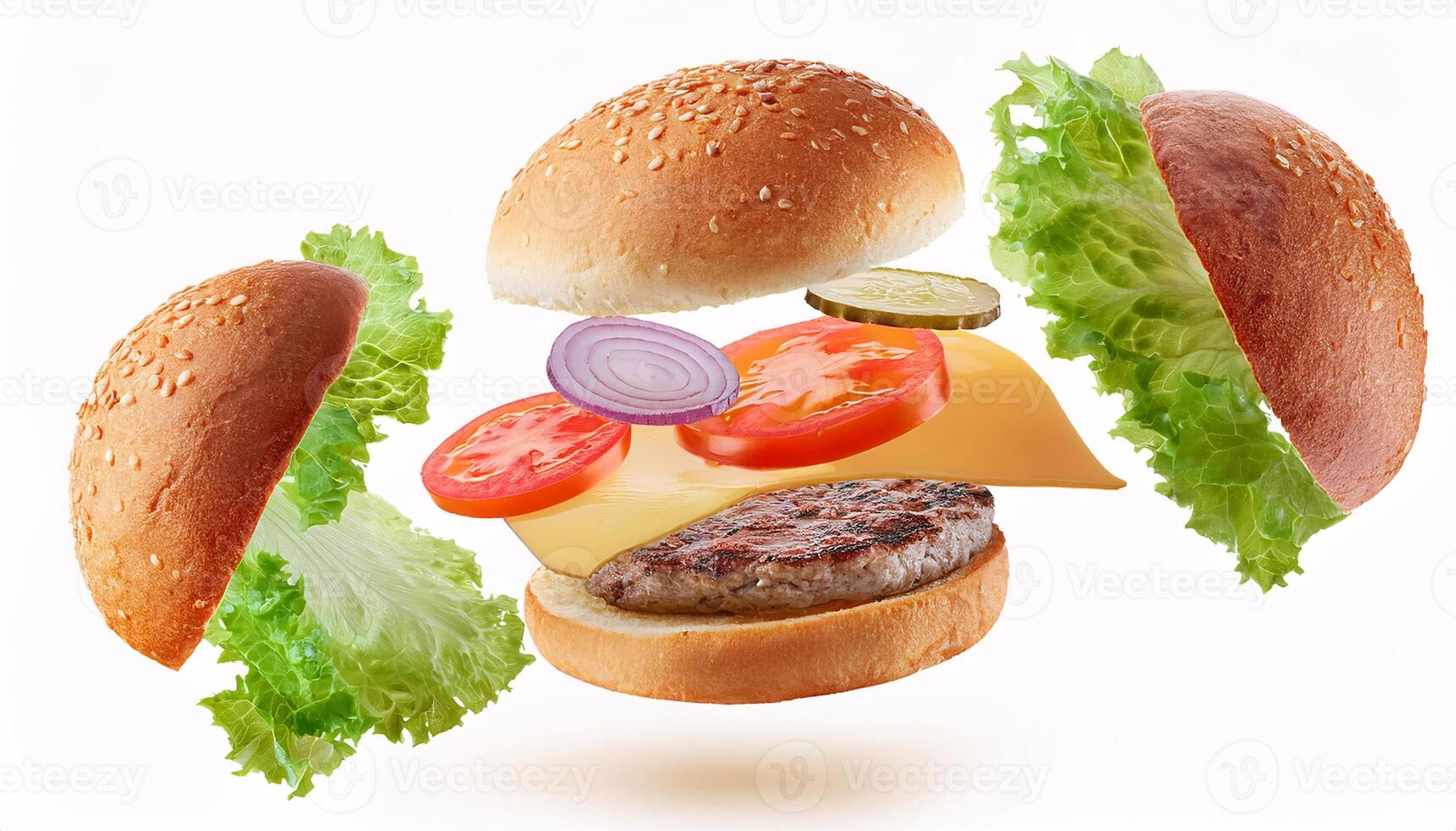 Creative Burger with Ingredients in Mid-Air, Isolated on White Background photo
