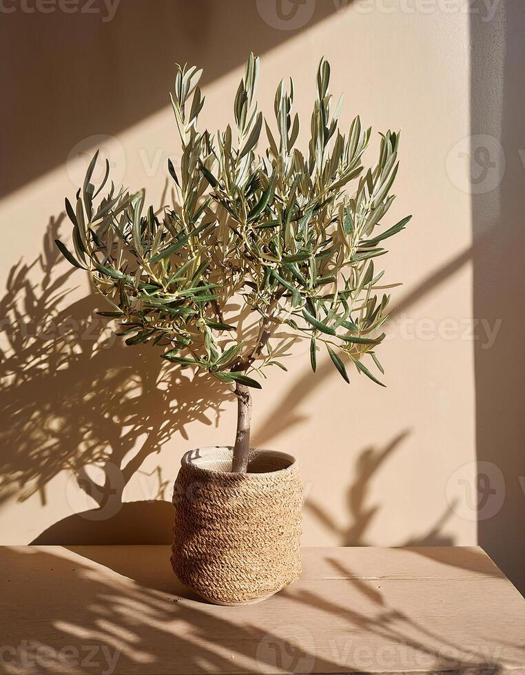Elegant Olive Tree in a Pot Against Neutral Beige Wall photo