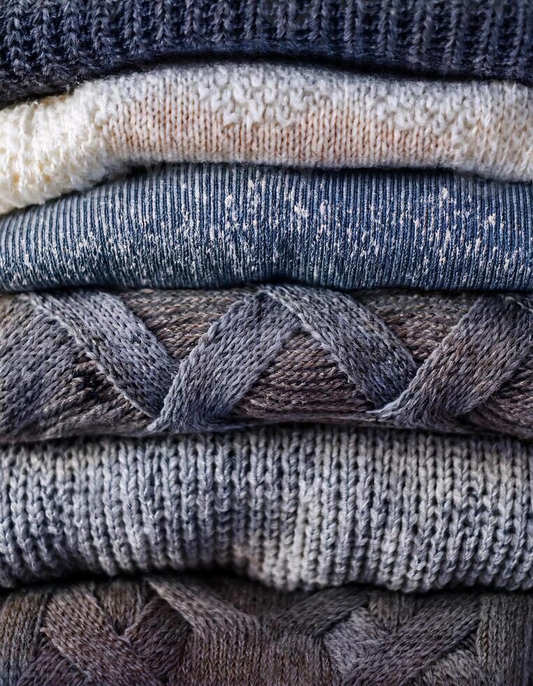 Close-Up View of Soft Winter Pullovers and Sweaters in Neutral Tones photo