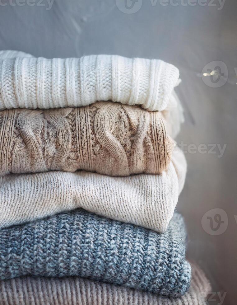 Warm Winter Sweaters and Pullovers Stacked Together in Close-Up photo