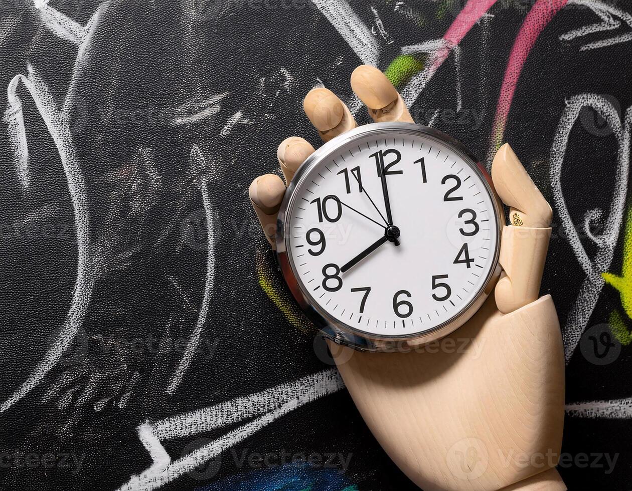 Minimalist Wooden Hand Gripping Time on a Black Chalkboard Canvas photo