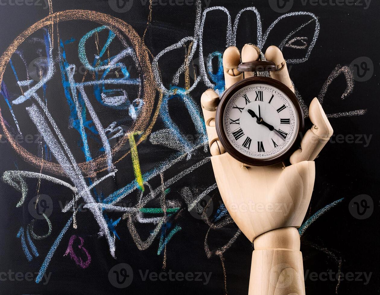 Time in Focus Wooden Hand Holding a Clock on Chalkboard Background photo
