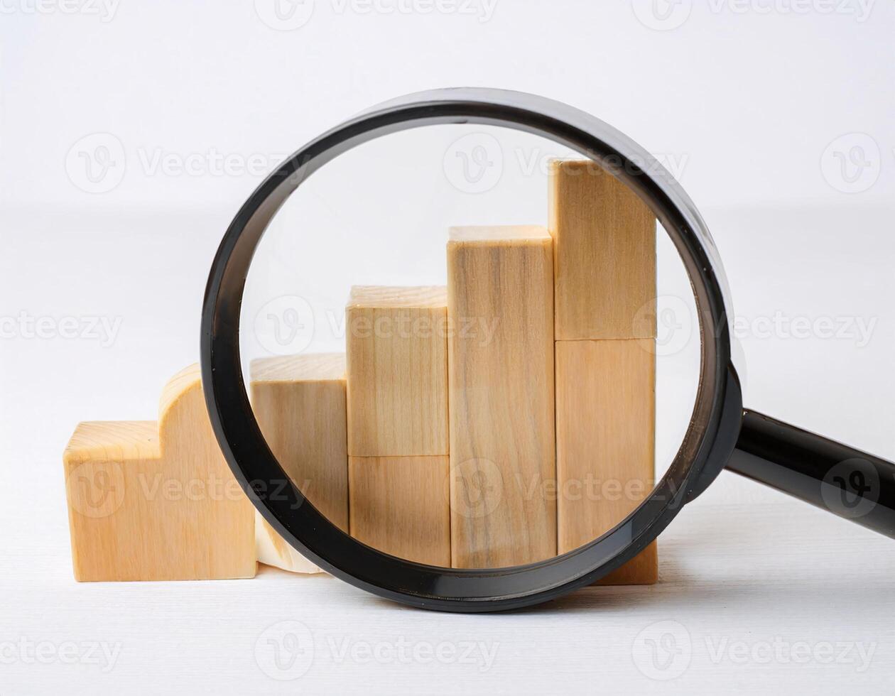 Data Analysis Concept Wooden Blocks and Magnifying Glass photo